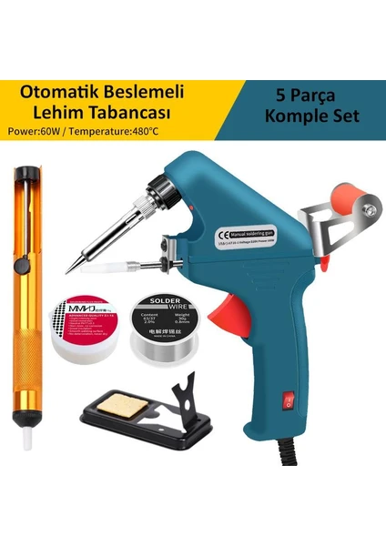 5 Parça Tetikli Otomatik Beslemeli Havya Lehim Tabancası Seti - 60W 480°C Yeni Nesil Seramik Isınma - Tek El Kullanım