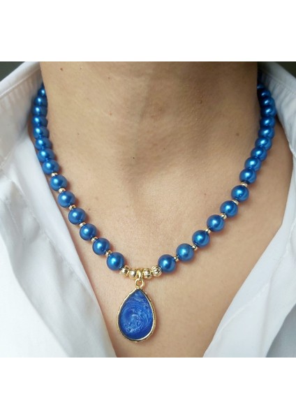 Saks Mavisi Damla Uçlu Özel Tasarım Modern Inci Kolye