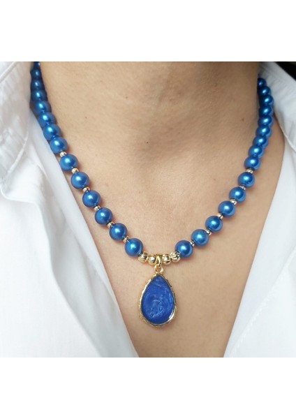 Saks Mavisi Damla Uçlu Özel Tasarım Modern Inci Kolye fiyatları