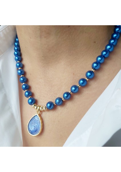 Saks Mavisi Damla Uçlu Özel Tasarım Modern Inci Kolye modelleri