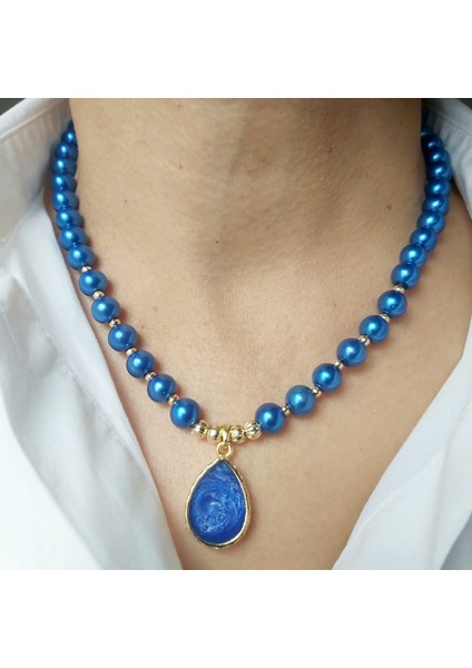 Saks Mavisi Damla Uçlu Özel Tasarım Modern Inci Kolye fırsatları