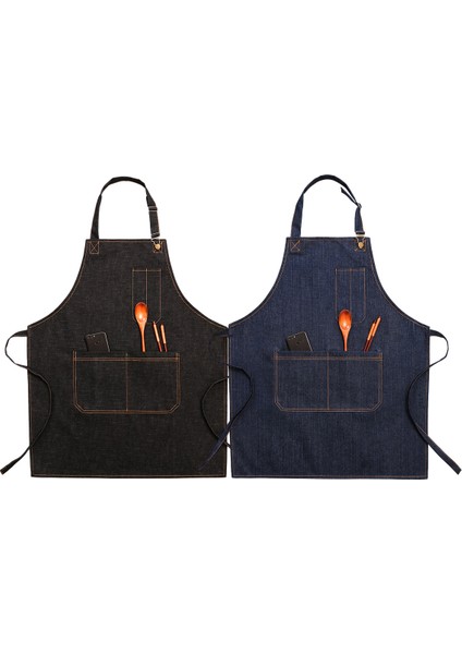 Denim Önlük Iş Elbiseleri-2 Adet-Siyah+Mavi-Yetişkin Uzunluğu 75CM (Yurt Dışından)