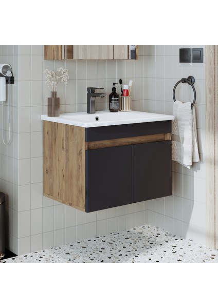 Lavabolu Atlantik - Antrasit Mat Mdf 65 cm Banyo Dolabı