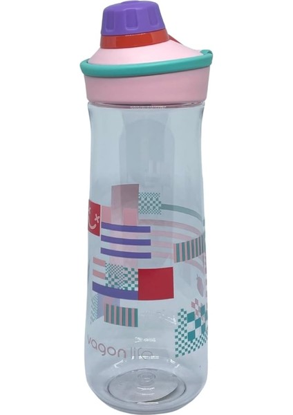 650ML VGN0808 Döndürülerek Açılan Rahat Kapaklı Kulplu Desenli Gövde Polikarbon Su Matarası (Pembe-Mor)