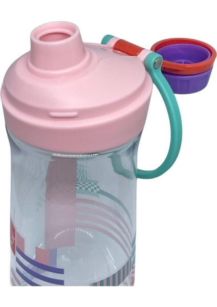 650ML VGN0808 Döndürülerek Açılan Rahat Kapaklı Kulplu Desenli Gövde Polikarbon Su Matarası (Pembe-Mor) modelleri