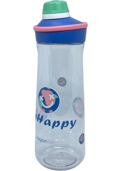 650ML VGN0808 Döndürülerek Açılan Rahat Kapaklı Kulplu Desenli Gövde Polikarbon Su Matarası (Mavi-Pembe)