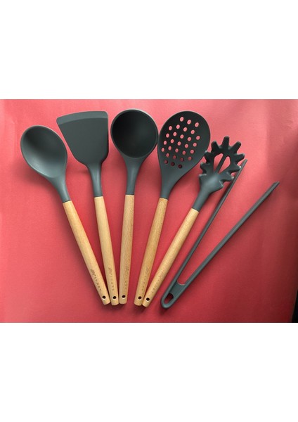 Bambu Saplı Silikon Servis Seti 6 Adet, Kepçe, Kaşık, Kevgir, Makarna Kaşığı, Açılı Spatula,maşa