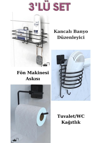 Yapışkanlı 3 Lü Banyo Rafı Şampuanlık Askısı Siyah Fön Makinesi Askısı Wc Tuvalet Kağıtlık Seti