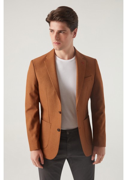 Slim Fit Camel Armürlü Kumaş Ceket 0HF04F401436M
