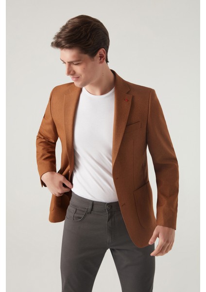 Slim Fit Camel Armürlü Kumaş Ceket 0HF04F401436M