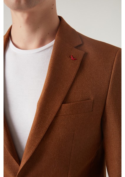 Slim Fit Camel Armürlü Kumaş Ceket 0HF04F401436M
