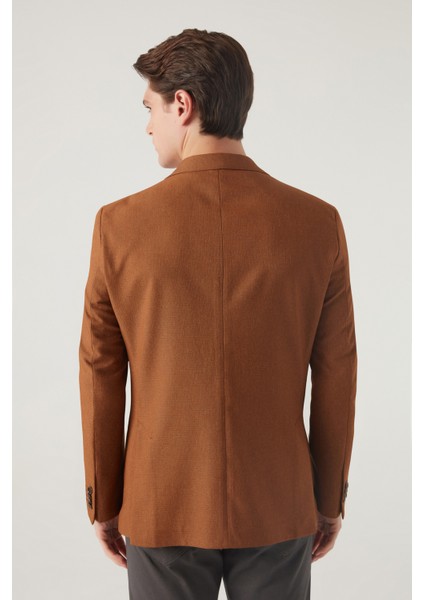 Slim Fit Camel Armürlü Kumaş Ceket 0HF04F401436M