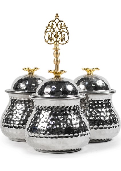 Gümüş Kaplama Dövme 3'lü Bakır Baharatlık