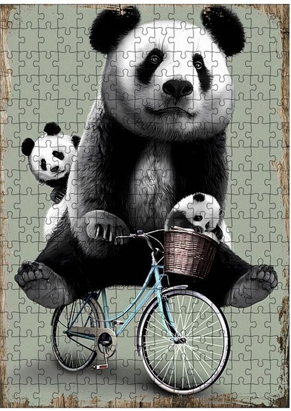 Ahşap Mdf Puzzle Yapboz Bisikletli Panda Ailesi 255 Parça 35*50 cm