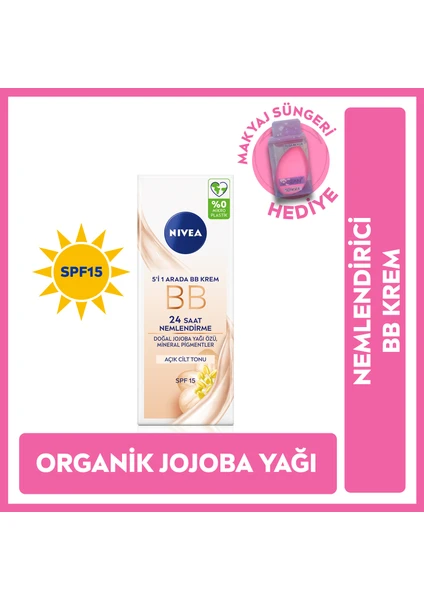 Güneş Koruyucu BB Krem SPF15 50 Ml Açık Ton, Yoğun Nem Veren Cilt Tonu Eşitleyici, Makyaj Süngeri Hediyeli