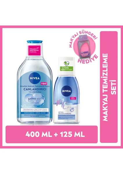 Micellar Makyaj Temizleme Suyu Normal Ciltler 400 ml, Göz Makyaj Temizleyici 125 ml Makyaj Süngeri Hediyeli