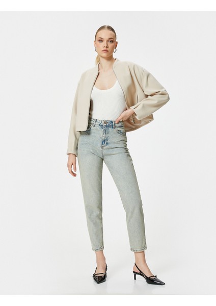 Mom Fit Kot Pantolon Yüksek Bel Cepli Pamuklu Mom Jean
