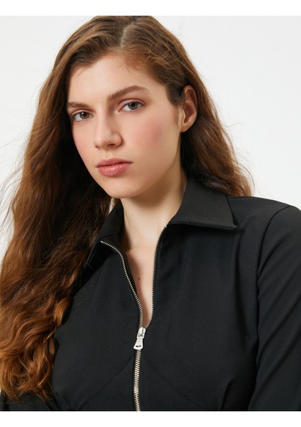 Crop Bluz Fermuarlı Slim Fit Dikiş Detaylı Uzun Kollu