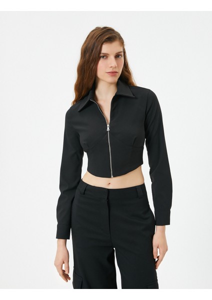 Crop Bluz Fermuarlı Slim Fit Dikiş Detaylı Uzun Kollu modelleri