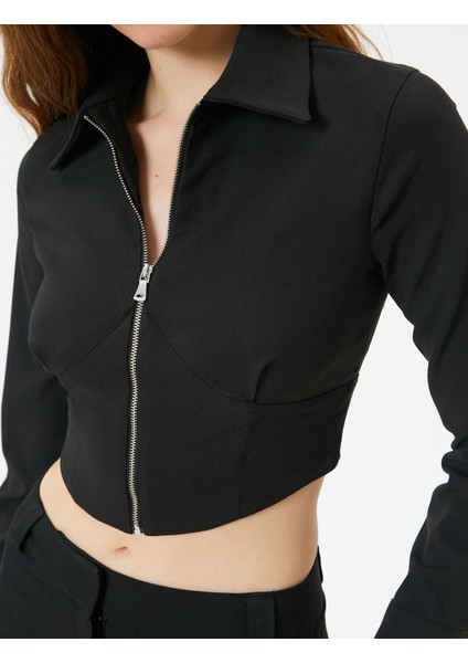 Crop Bluz Fermuarlı Slim Fit Dikiş Detaylı Uzun Kollu indirimleri