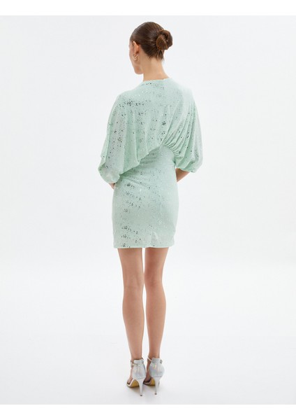 Mini Bodycon Elbise Parıltılı V Yaka Yarasa Kol