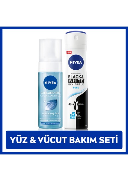 Kadın Sprey Deodorant Black&White Pure 150ml, Canlandırıcı Yüz Yıkama Köpüğü 150ml, Kişisel Bakım