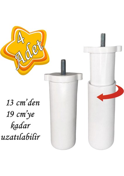 4 Adet Ayarlı Destek Ayağı 13 x 19 cm Beyaz Gizli Ayak Mobilya Kanepe Baza Koltuk Dolap Tv Ünitesi