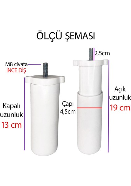 4 Adet Ayarlı Destek Ayağı 13 x 19 cm Beyaz Gizli Ayak Mobilya Kanepe Baza Koltuk Dolap Tv Ünitesi