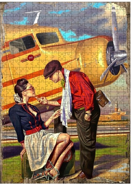 Ahşap Mdf Puzzle Yapboz Sevgililer ve Sarı Uçak 500 Parça 50*70 cm