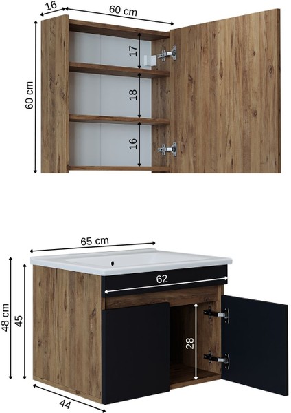 Lavabolu Atlantik - Antrasit Mat Mdf 65 cm Alt Dolap + Aynalı Üst Dolabı