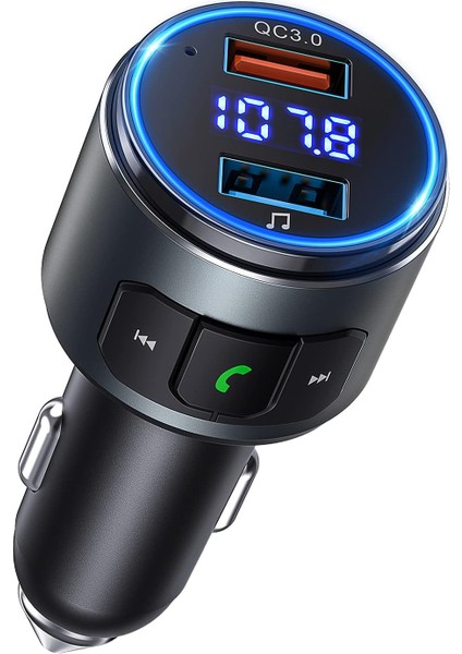 Bluetooth Fm Verici Araba, V5.0 Bluetooth Araç Adaptörü, Bluetooth Radyo Araba, Mp3 Çalar Qc3.0 Hızlı Şarj, Eller Serbest Arama, 2 Çalma Modu, Mavi LED Ekran, Siyah, Orta (BH347) (Yurt Dışından)