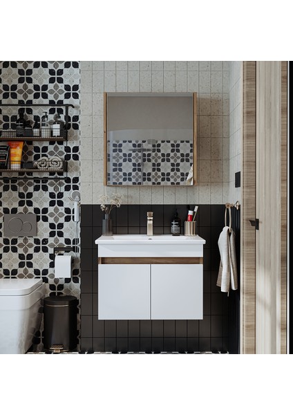 '' Lavabolu '' Atlantik-Beyaz Mat Mdf 65 cm Banyo Alt Dolap + Aynalı Üst Dolap