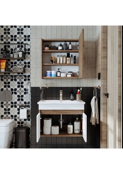 '' Lavabolu '' Atlantik-Beyaz Mat Mdf 65 cm Banyo Alt Dolap + Aynalı Üst Dolap modelleri