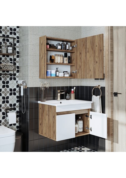 '' Lavabolu '' Atlantik-Beyaz Mat Mdf 65 cm Banyo Alt Dolap + Aynalı Üst Dolap indirimleri