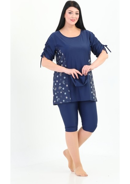 Büyük Beden Yarı Kapalı Mayo Aysu Kol Detaylı Lacivert Çiçek