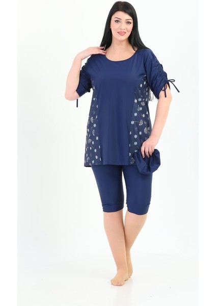 Büyük Beden Yarı Kapalı Mayo Aysu Kol Detaylı Lacivert Çiçek fiyatları