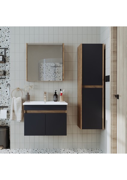 Lavabolu Atlantik - Antrasit Mat Mdf 65 cm Alt Dolap + Aynalı Üst Dolap + Boy Dolap