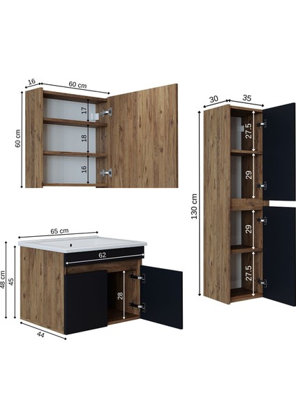 Lavabolu Atlantik - Antrasit Mat Mdf 65 cm Alt Dolap + Aynalı Üst Dolap + Boy Dolap fiyatları