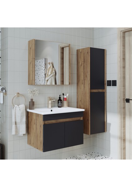 Lavabolu Atlantik - Antrasit Mat Mdf 65 cm Alt Dolap + Aynalı Üst Dolap + Boy Dolap fırsatları