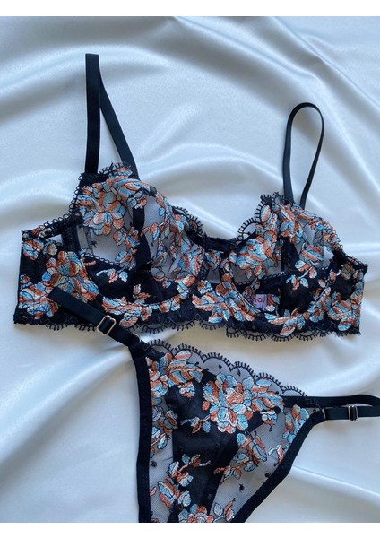Siyah Çiçek Desen, Balenli,transparan, Sütyen ve Tanga,iç Çamşırı Takımı modelleri