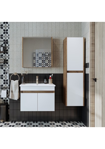 '' Lavabolu '' Atlantik-Beyaz Mat Mdf 65 cm Banyo Alt Dolap + Aynalı Üst Dolap + Boy Dolap