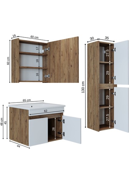 '' Lavabolu '' Atlantik-Beyaz Mat Mdf 65 cm Banyo Alt Dolap + Aynalı Üst Dolap + Boy Dolap fiyatları