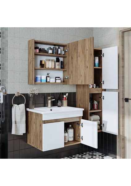 '' Lavabolu '' Atlantik-Beyaz Mat Mdf 65 cm Banyo Alt Dolap + Aynalı Üst Dolap + Boy Dolap indirimleri