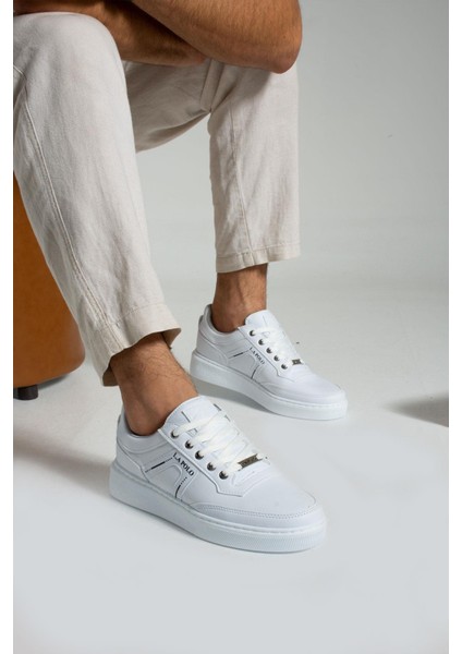 011 Beyaz Renk Beyaz Tabanlı Bağcıklı Günlük Erkek Spor Ayakkabı