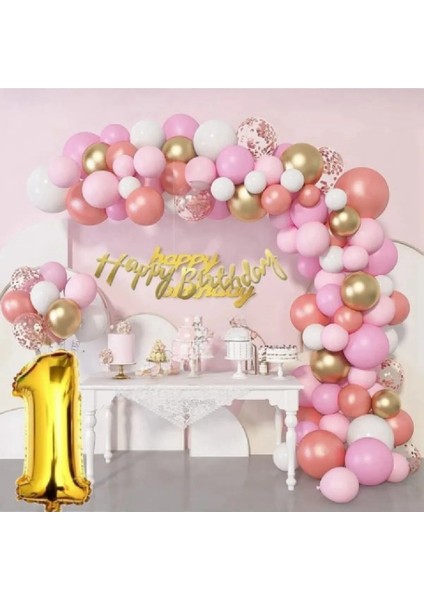 Balon Lüks Pembe Rose Gold 1 Yaş Balon Süsleme Seti 65 Adet Balonlu