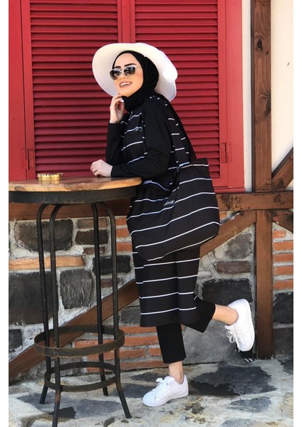 Kadın Çizgili Tam Kapalı Tesettür Mayo 2'li Set Siyah