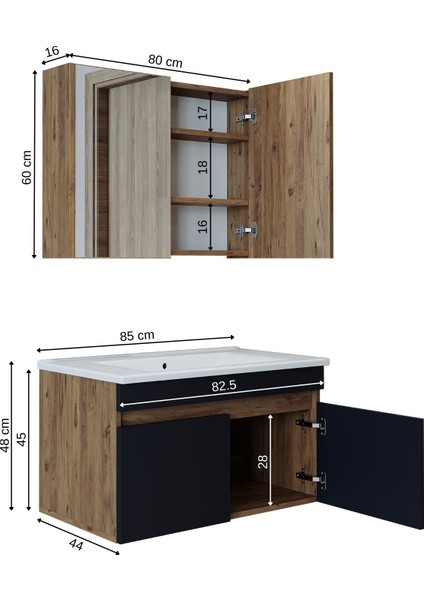 Lavabolu Atlantik - Antrasit Mat Mdf 85 cm Alt Dolap + Aynalı Üst Dolap