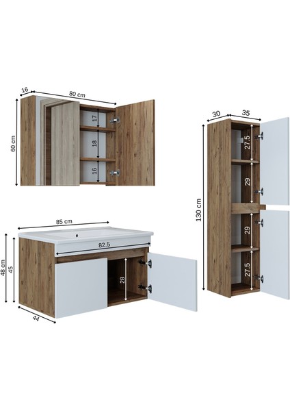 '' Lavabolu '' Atlantik-Beyaz Mat Mdf 85 cm Banyo Alt  Dolap + Aynalı Üst Dolap + Boy Dolap