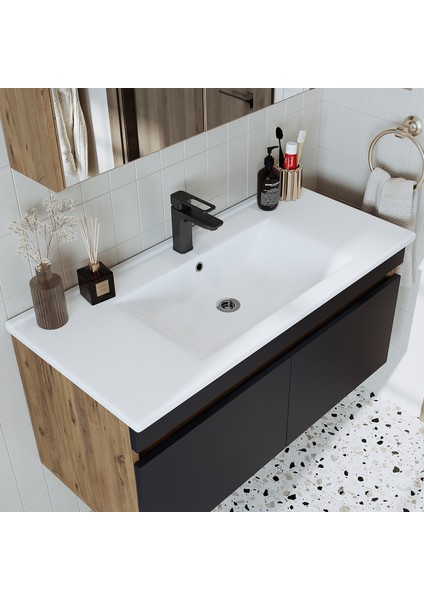 Lavabolu Atlantik- Antrasit Mat Mdf 100 cm Banyo Dolabı