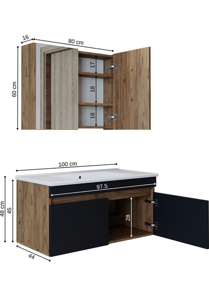 Lavabolu Atlantik - Antrasit Mat Mdf 100 cm Dolap + Aynalı Üst Dolabı